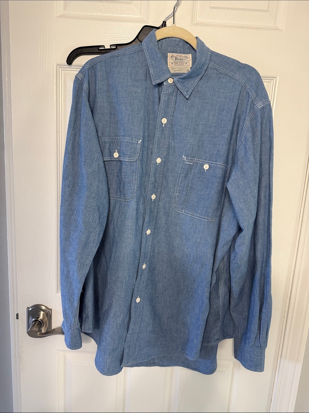VTG 90s Polo Ralph Lauren Authentic Dungaree Chambray Shirt Mens L Blue Long Slv
